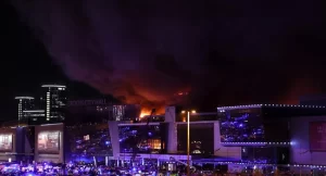 A view shows the burning Crocus City Hall concert hall following the shooting incident in Krasnogorsk, outside Moscow, on March 22, 2024