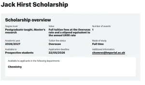 Fully Funded Imperial College London Jack Hirst Scholarship 2026 For Chemistry Postgraduates in UK