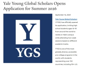 Fully Funded Yale Young Global Scholars 2026 for Bright high school students in USA