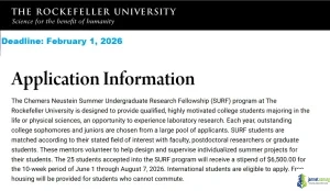 Fully Funded Rockefeller University Summer Undergraduate Research Fellowship (SURF) 2026
