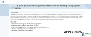 LOTUS Bank Entry Level Programme 2026 (Graduate Training & Employment in Nigeria)