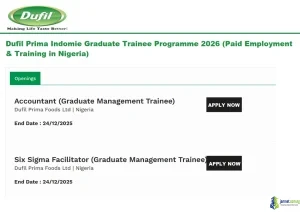 Dufil Prima Indomie Graduate Trainee Programme 2026 (Paid Employment & Training in Nigeria)