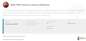 Fully Funded AAAS American Association for the Advancement of Science TWAS Science Diplomacy Summer Course 2026 (Training in Trieste, Italy)