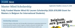 Fully Funded Master Mind KU Leuven Scholarship 2026 (€10,000 Grant for Masters in Belgium for International Students)