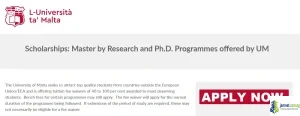 Fully Funded University of Malta Scholarships 2026 (Masters and PhD Waivers for International Students)