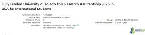 Fully Funded University of Toledo PhD Research Assistantship 2026 in USA for International Students