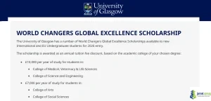 World Changers Global Excellence Scholarship 2026 for international undergraduate students at University of Glasgow