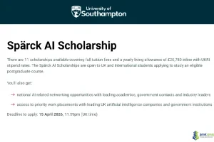 Fully Funded Spärck AI Scholarship 2026 at the University of Southampton
