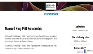 Australia 2026 Maxwell King Scholarship (Full Tuition at Monash University)