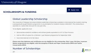 UK 2026 University of Glasgow Global Leadership Scholarship