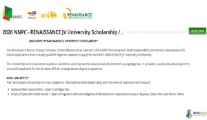 2026 NNPC Renaissance JV University Scholarship for Undergraduates