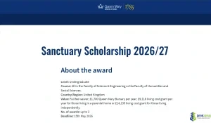 2027 QMUL Sanctuary Award (14,135 GBP Undergraduate Living Fund)