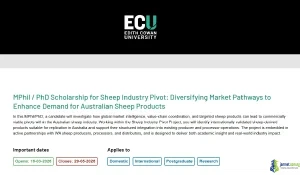 2026 ECU Sheep Industry Pivot Scholarship (Full Funding for Agribusiness Research)