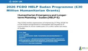 2026 FCDO HELP Sudan Programme (£30 Million Humanitarian Grants)