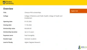 2026 Flinders University Clinician Scholarships (AUD $50K for PhD Students)