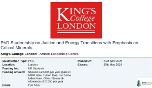 2026 King’s College London UKRI Future Leaders Fellowship (Full Funding for PhD Studentship)