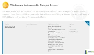 2026 TWAS-Abdool Karim Award in Biological Sciences for Women Scientists