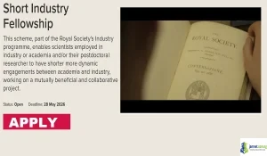 2026 UK Royal Society Short Industry Fellowships (Funding for Researchers)