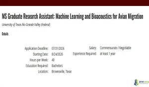 2026 UTRGV Bioacoustics Graduate Assistantship (Machine Learning in Ecology)