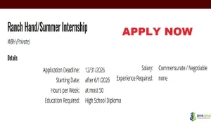 2026 WBH Ranch Hand Internship (Texas Agricultural Career Development)