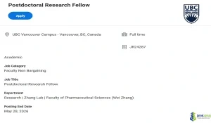 Canada 2026 UBC Postdoctoral Fellowship for Health Economics
