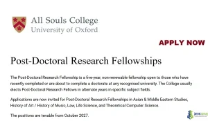 2027 All Souls College Postdoctoral Fellowships Program